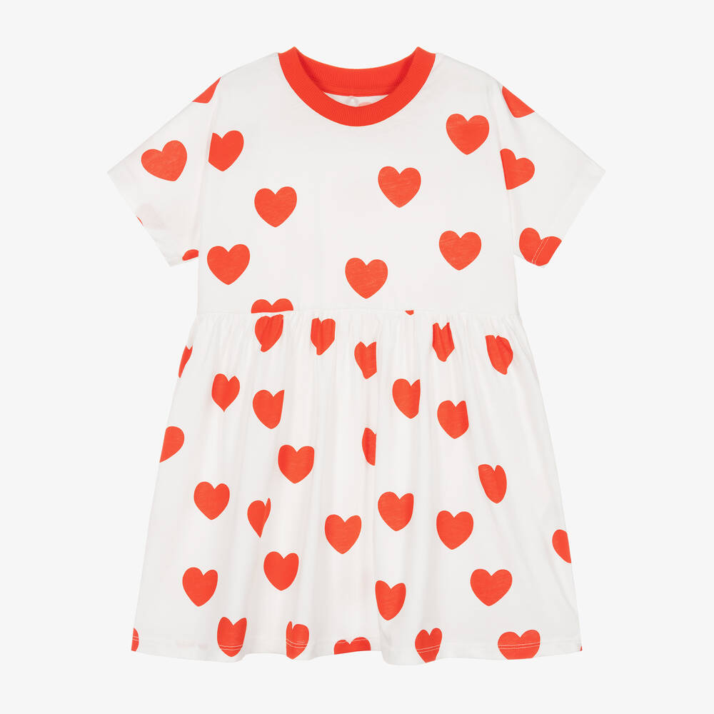 Mini Rodini - فستان بطبعة قلوب قطن جيرسي لون أبيض وأحمر  | Childrensalon