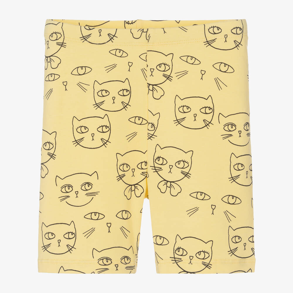 Mini Rodini - Girls Yellow Cotton Cats Cycling Shorts | Childrensalon