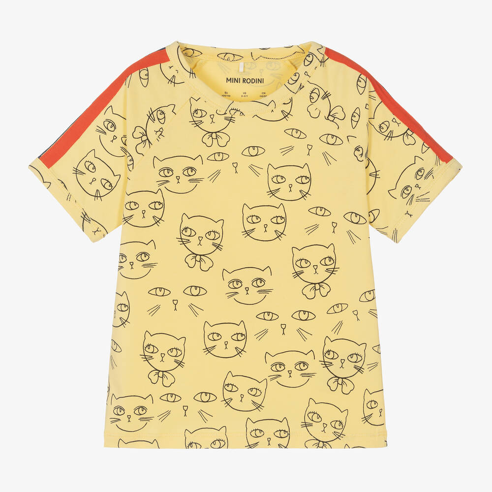 Mini Rodini - Girls Yellow Organic Cotton Cat T-Shirt | Childrensalon