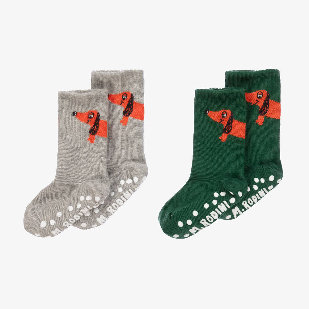 Mini Rodini - Green & Grey Cotton Anti-Slip Socks (2 Pack) | Childrensalon