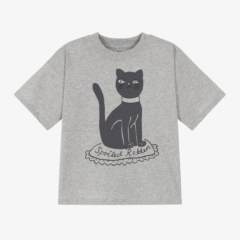 Mini Rodini - Grey Marl Organic Cotton Cat Print T-Shirt | Childrensalon