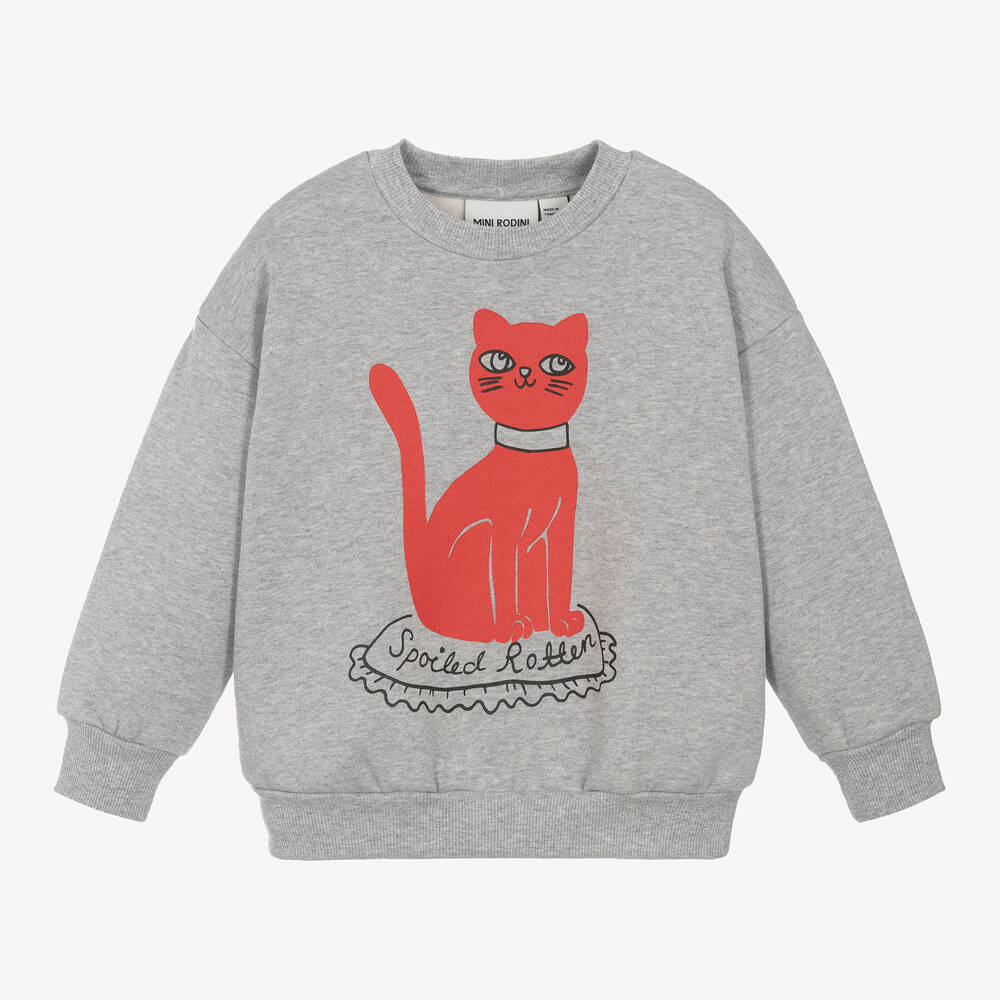 Mini Rodini - Grey Organic Cotton Cat Print Sweatshirt | Childrensalon