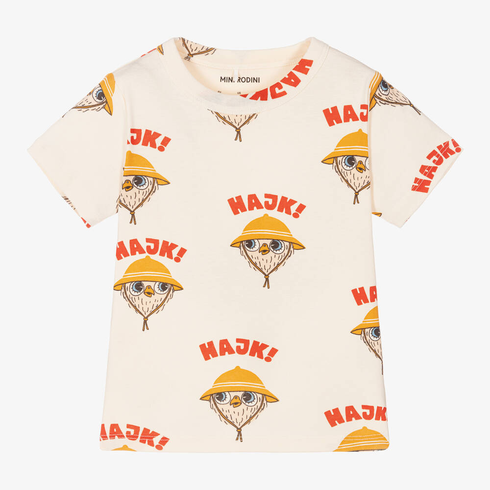 Mini Rodini - Ivory Organic Cotton Owl T-Shirt | Childrensalon