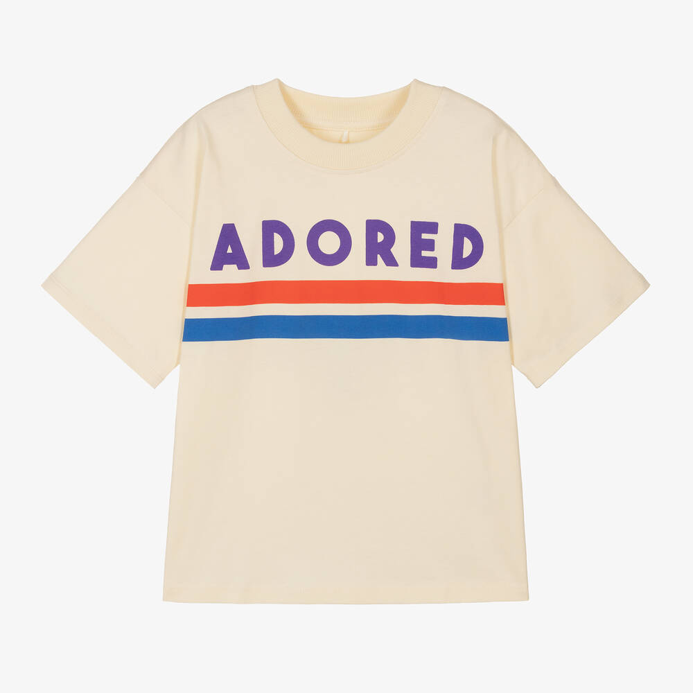 Mini Rodini - Ivory Organic Cotton Slogan T-Shirt | Childrensalon