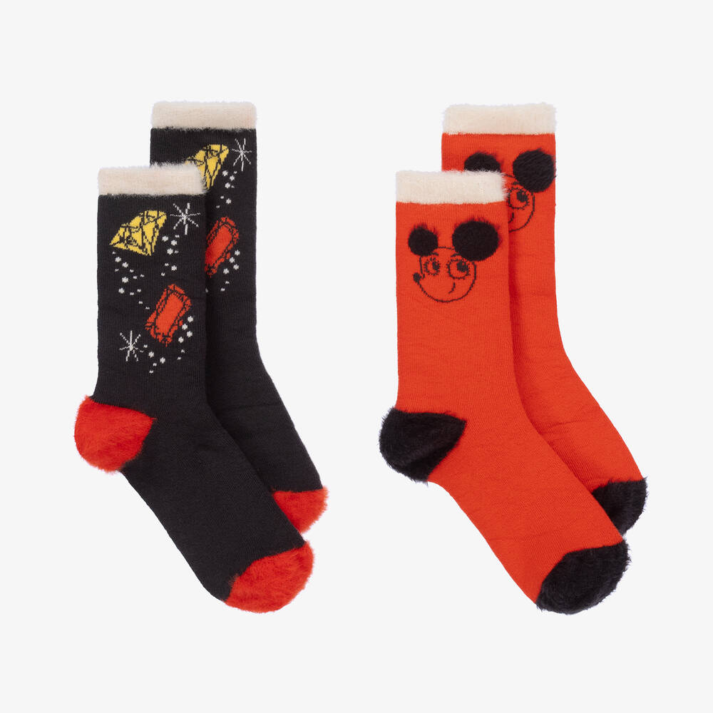 Mini Rodini - Orange & Black Cotton Socks (2 Pack) | Childrensalon
