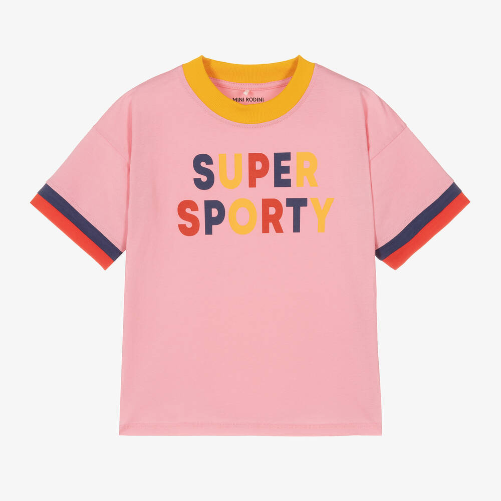 Mini Rodini - Pink Organic Cotton Sporty T-Shirt | Childrensalon