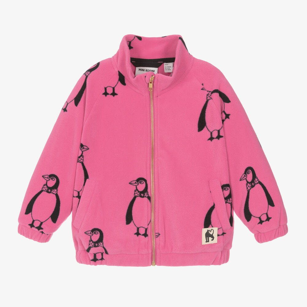 Mini Rodini - Pink Penguin Print Zip-Up Fleece Top | Childrensalon