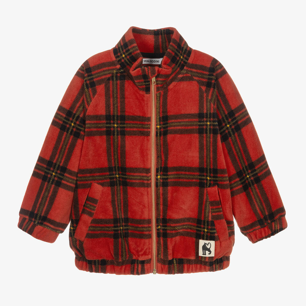 Mini Rodini - Red Tartan Check Zip-Up Fleece Top | Childrensalon