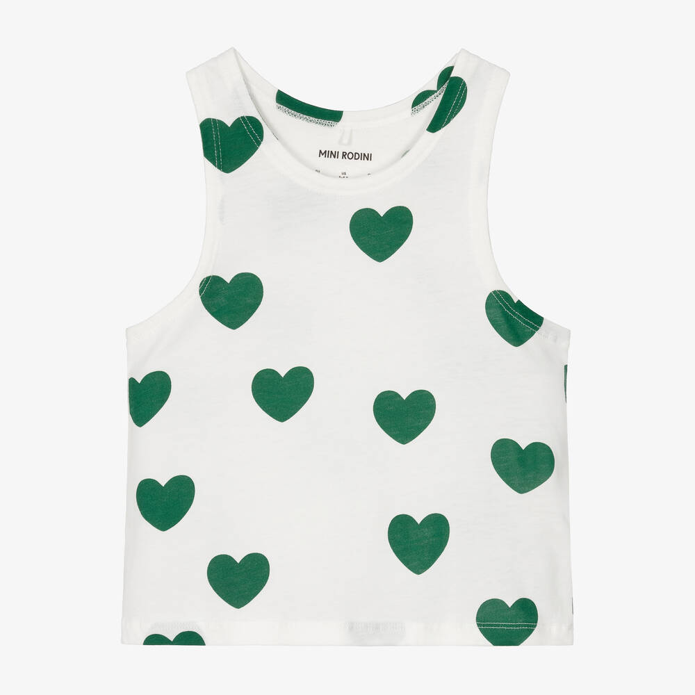 Mini Rodini - White & Green Heart Cotton Vest Top | Childrensalon