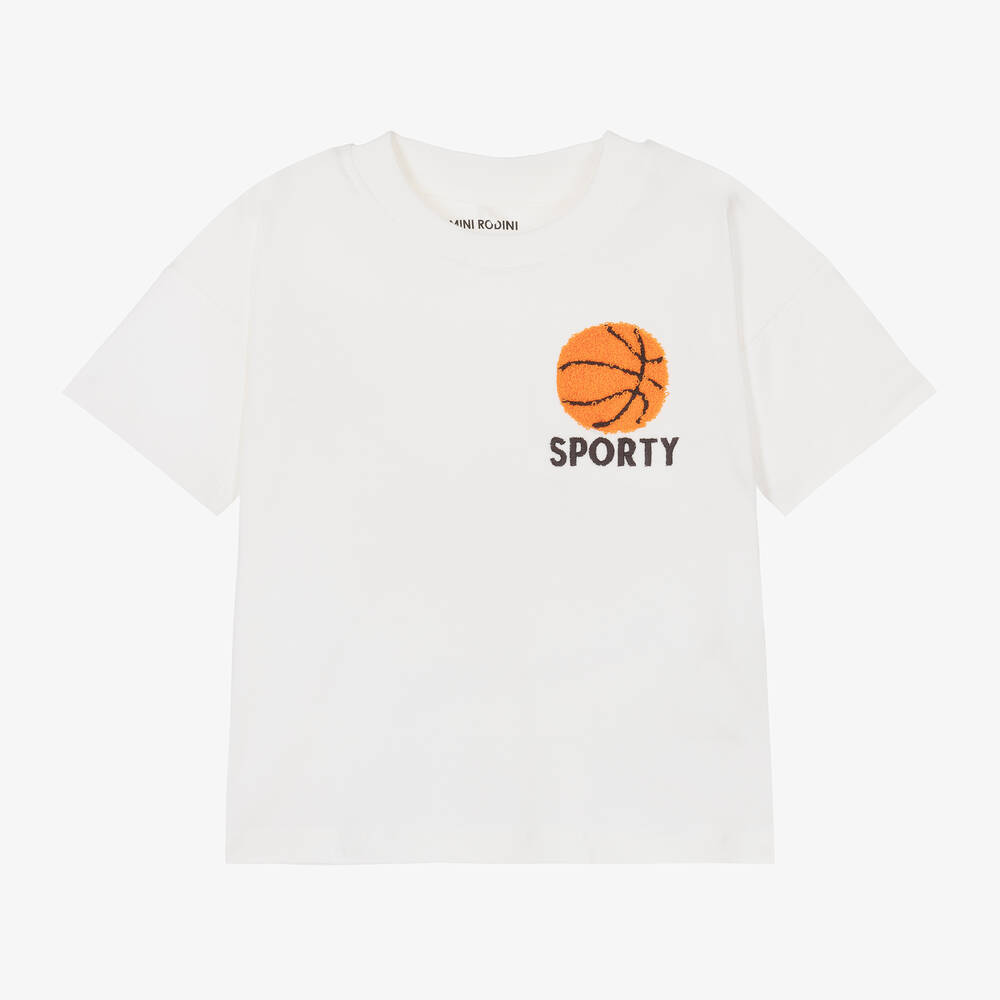 Mini Rodini - White Organic Cotton Basketball T-Shirt | Childrensalon
