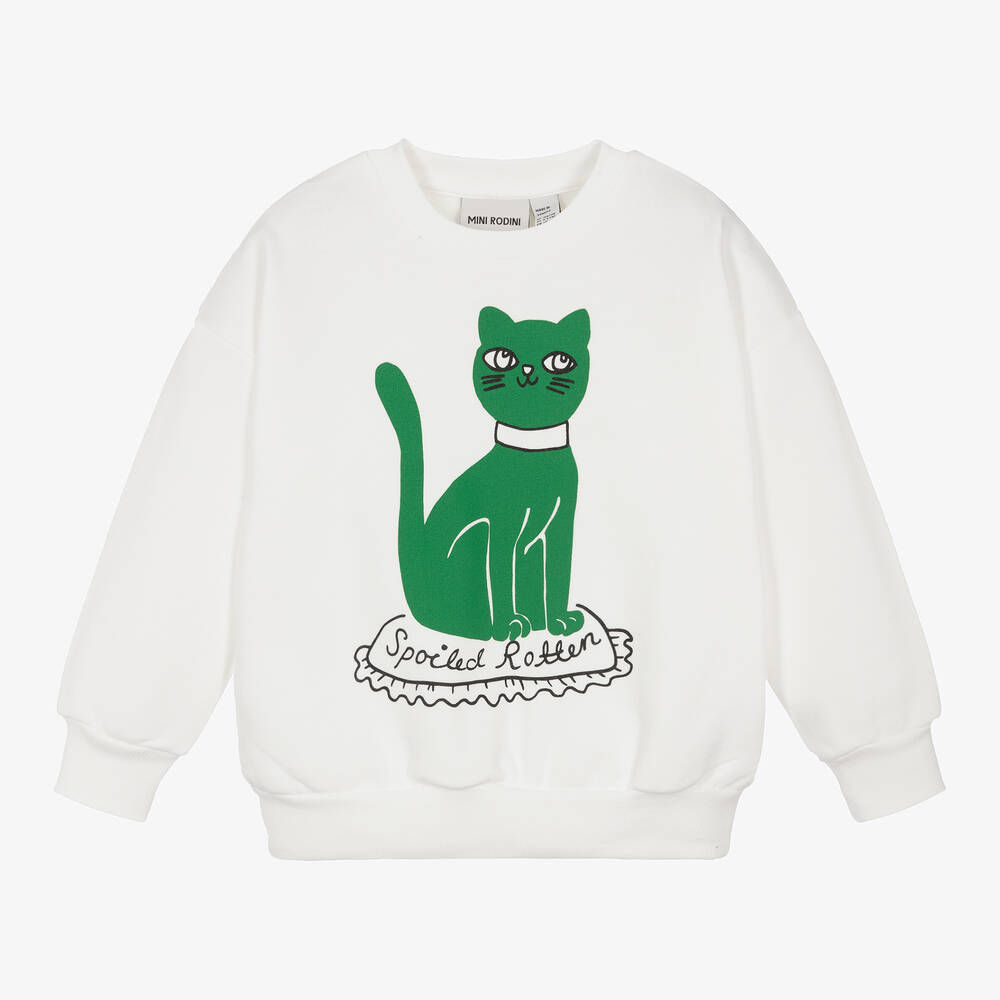 Mini Rodini - White Organic Cotton Cat Print Sweatshirt | Childrensalon