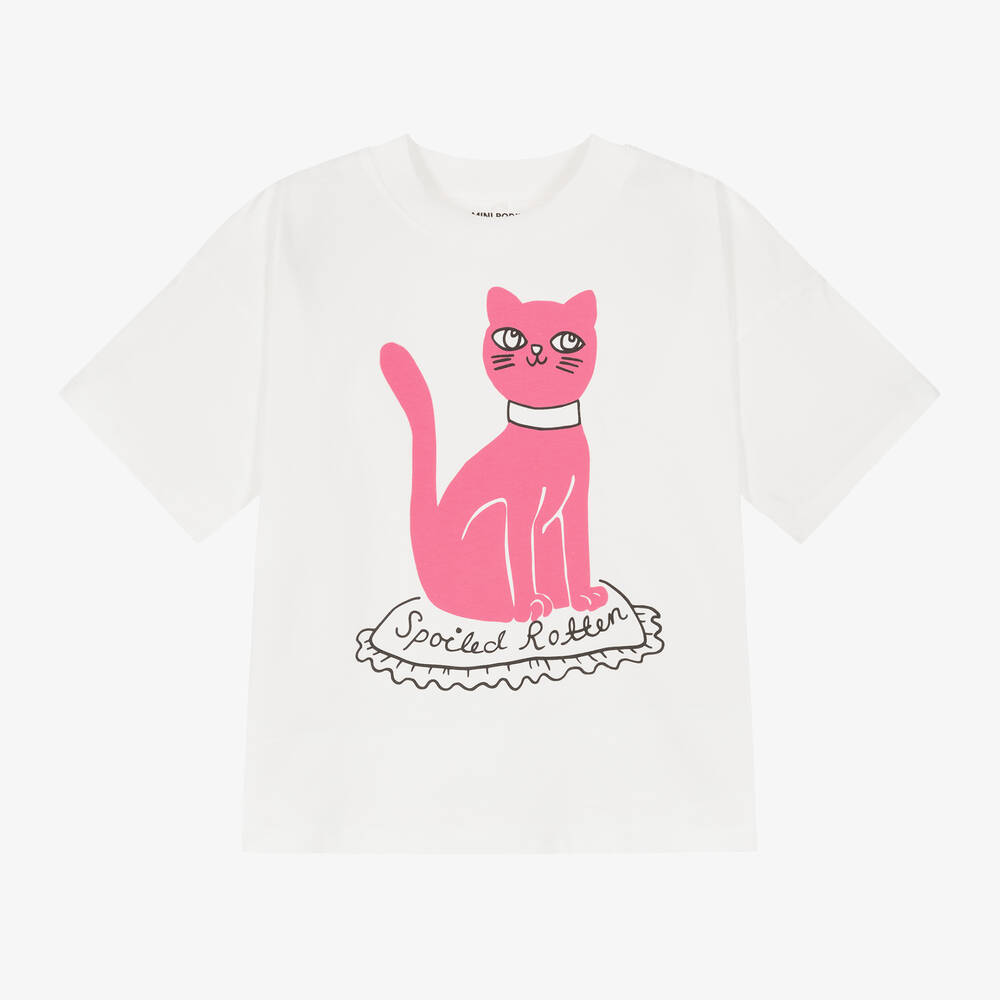 Mini Rodini - White Organic Cotton Cat Print T-Shirt | Childrensalon