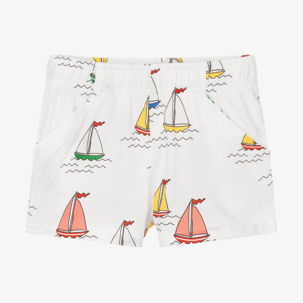 Mini Rodini - White Organic Cotton Sailing Boat Shorts | Childrensalon