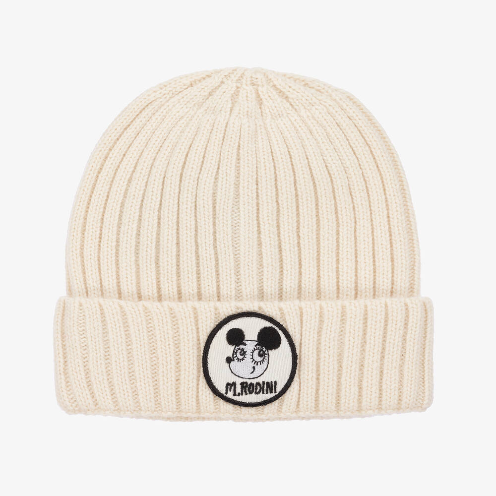 Mini Rodini - White Organic Cotton & Wool Knitted Beanie | Childrensalon