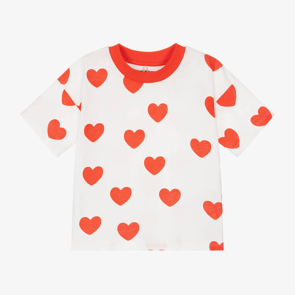 Mini Rodini - White & Red Heart Print Cotton T-Shirt | Childrensalon