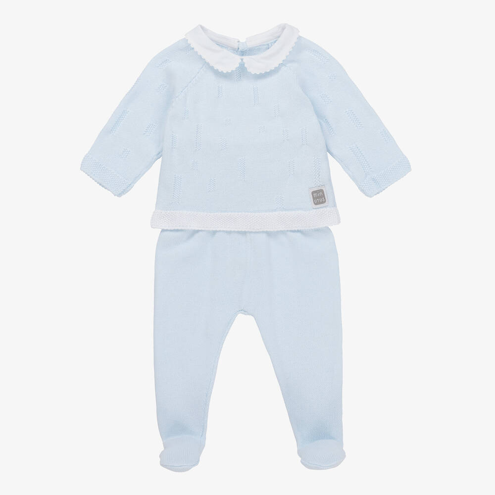 Minutus - Blue Knitted 2 Piece Babygrow  | Childrensalon