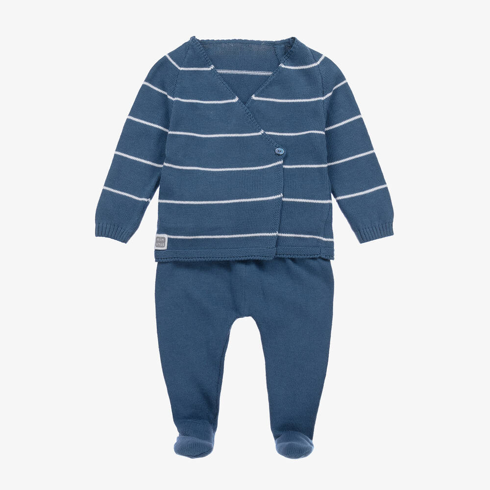 Shop Minutus Blue Stripe Cotton Knit 2 Piece Babygrow