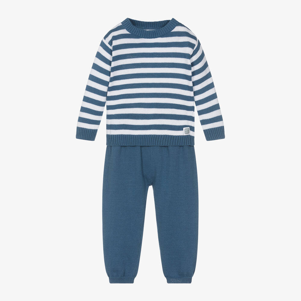 Shop Minutus Blue Stripe Cotton Knit Baby Trouser Set