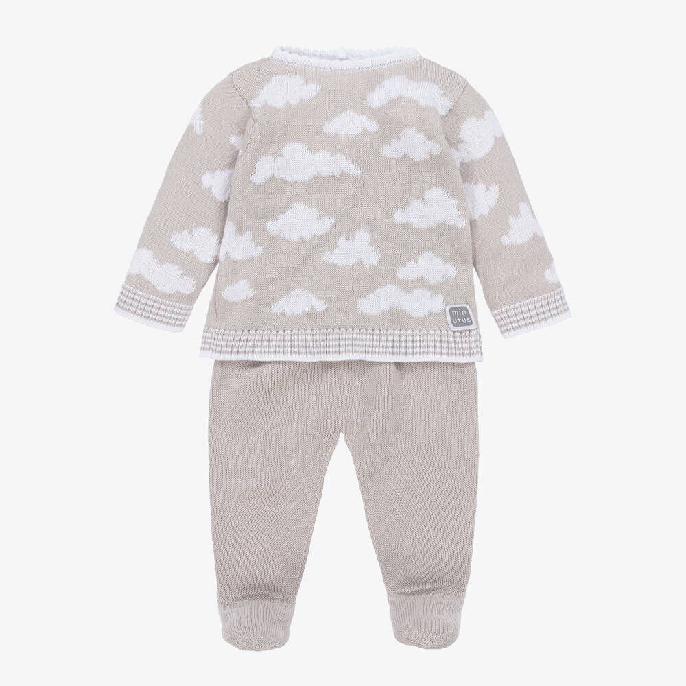 Minutus - Grey Cotton Knit Cloud 2 Piece Babygrow | Childrensalon