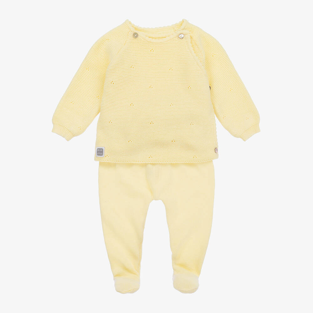 Minutus - Pale Yellow Cotton Knit 2 Piece Babygrow | Childrensalon