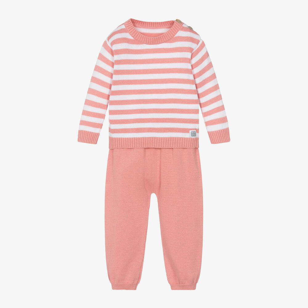 Shop Minutus Pink Stripe Cotton Knit Baby Trouser Set