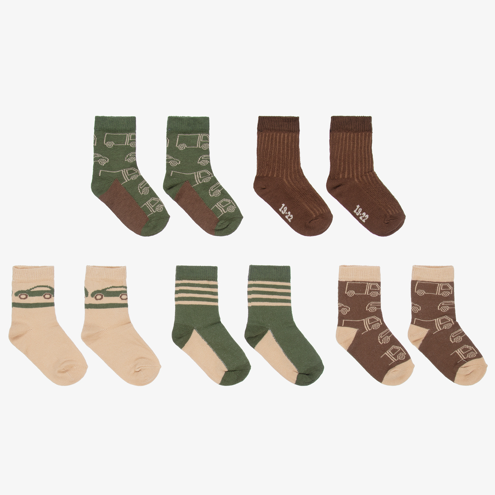 Minymo - Brown & Green Socks (5 Pack) | Childrensalon