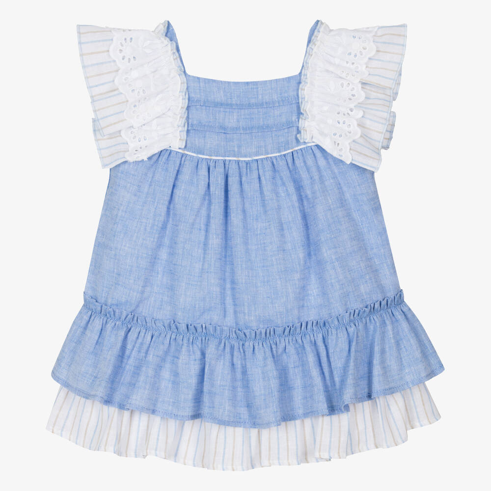 Miranda - Baby Girls Blue Linen Frill Dress | Childrensalon