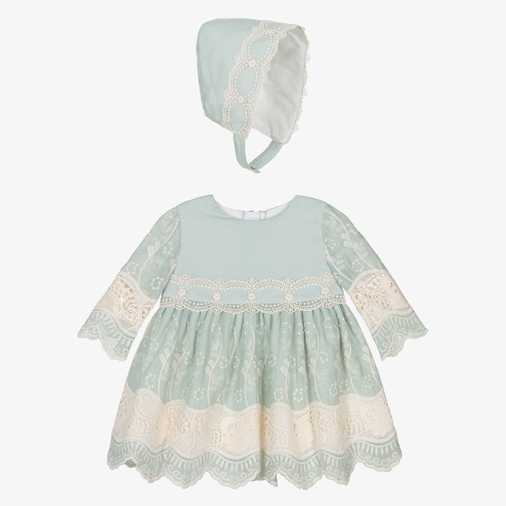 Miranda - طقم فستان أطفال بناتي قطن ودانتيل لون أخضر | Childrensalon