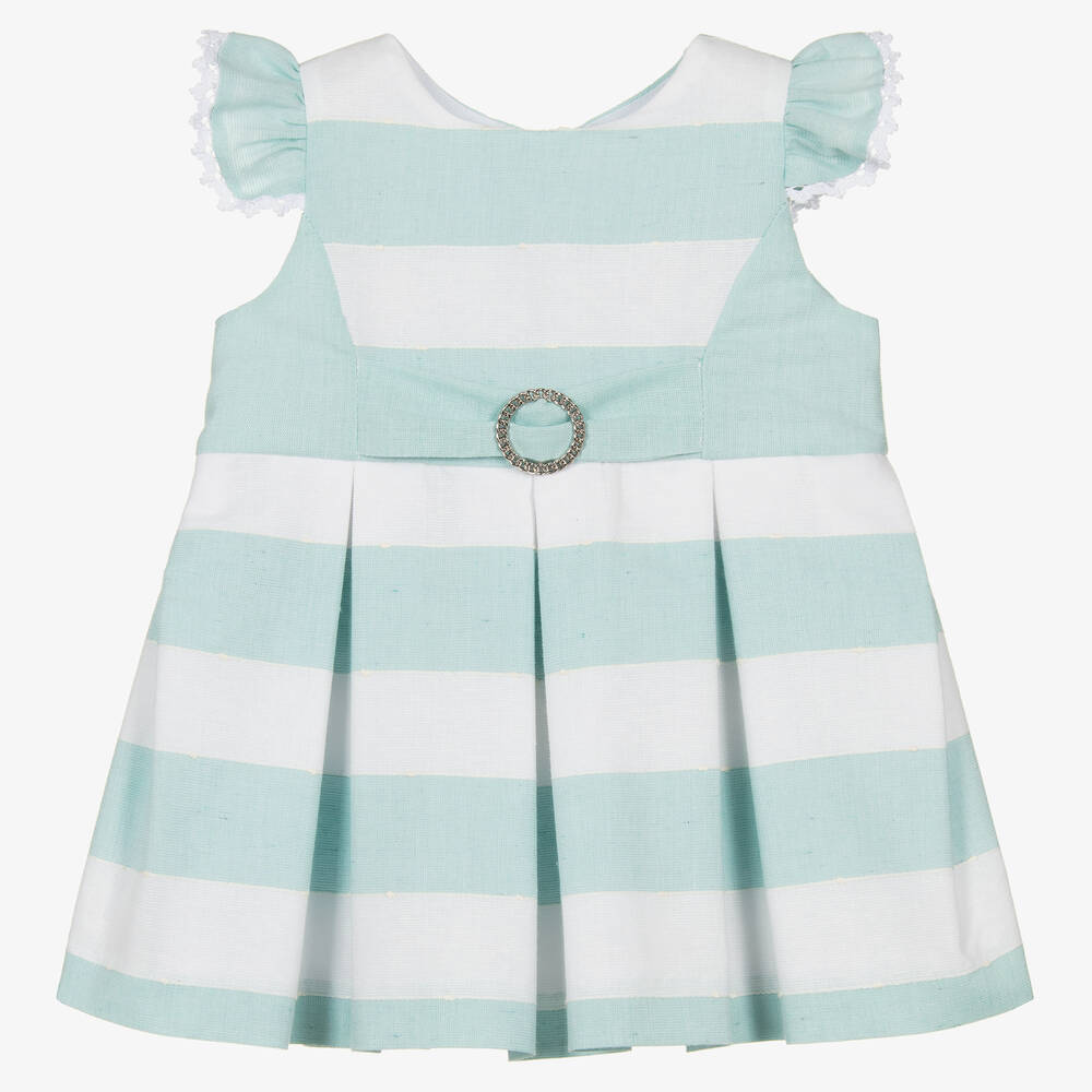 Miranda - Baby Girls Green & White Cotton Dress | Childrensalon
