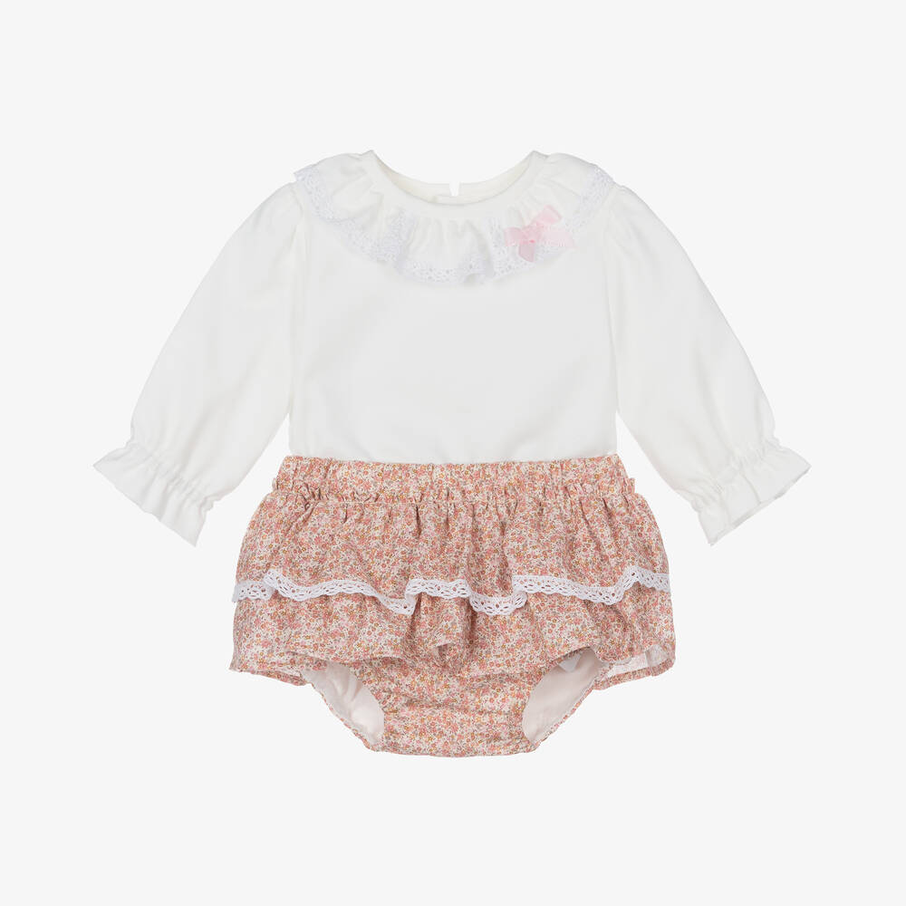 Miranda - Baby Girls Ivory & Pink Cotton Shorts Set | Childrensalon