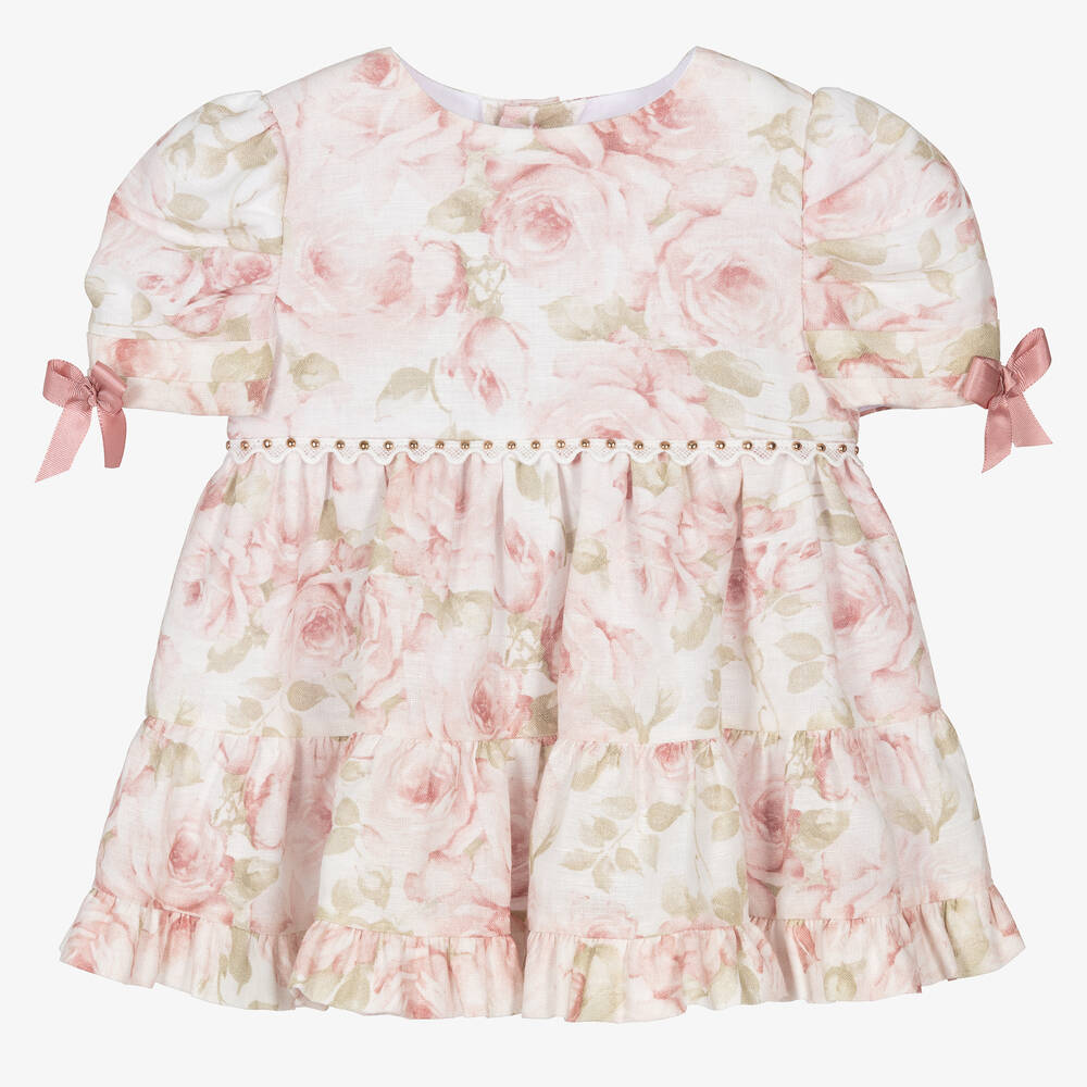 Miranda - Baby Girls Pink Floral Linen Dress | Childrensalon