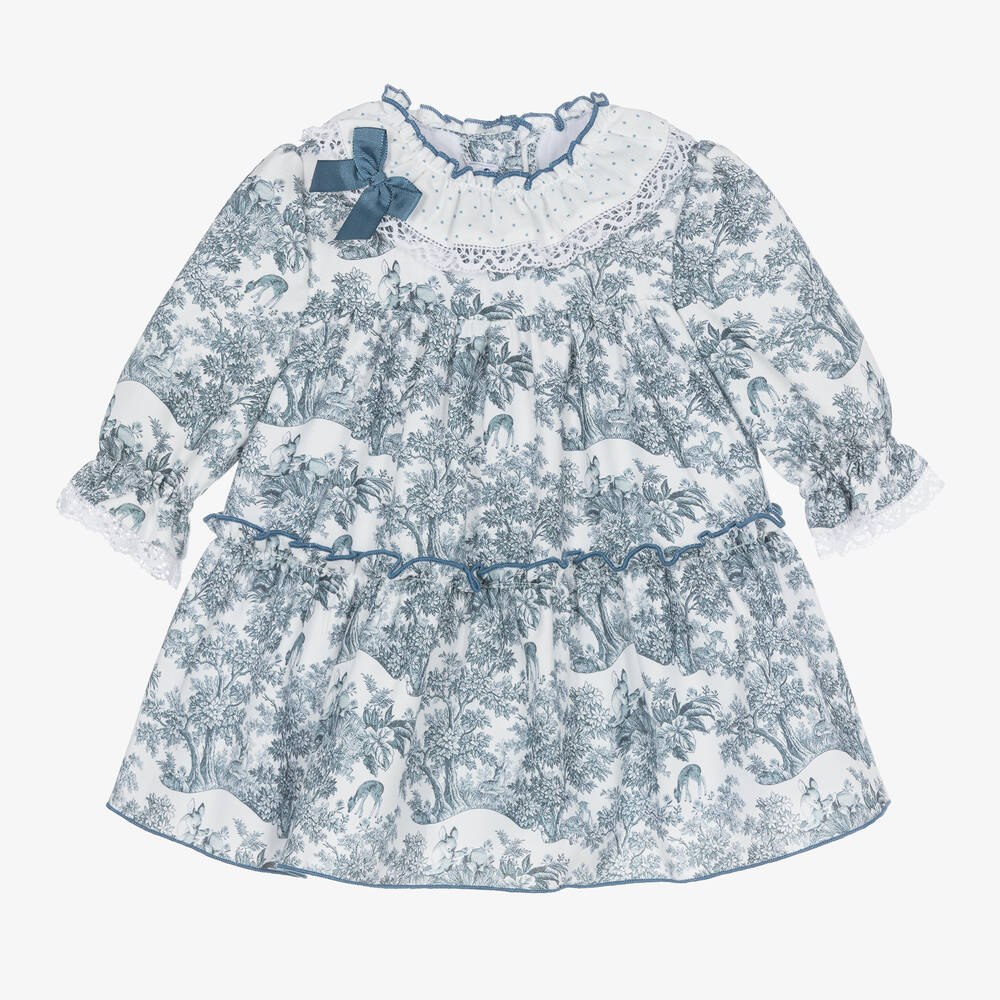 Miranda - Baby Girls White & Blue Cotton Dress | Childrensalon