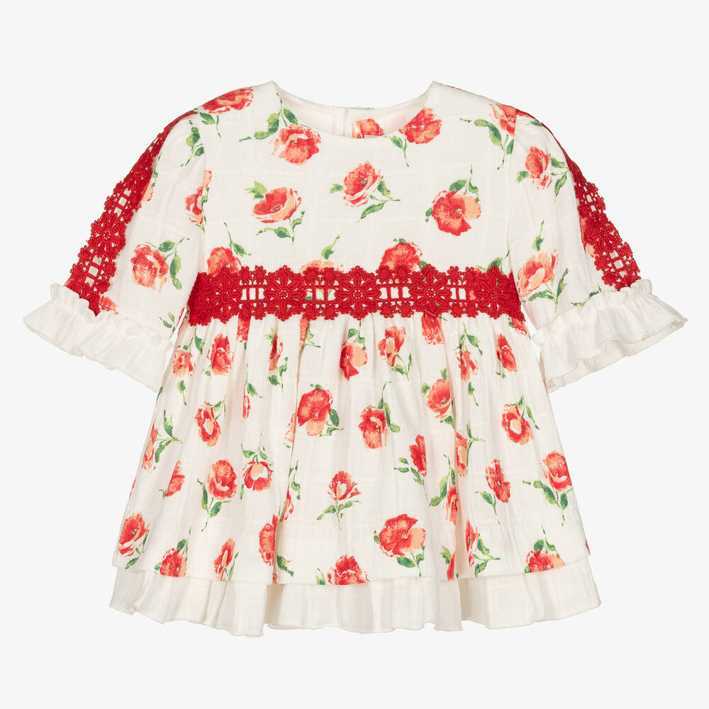 Miranda - Baby Girls White Cotton Rose Print Dress | Childrensalon