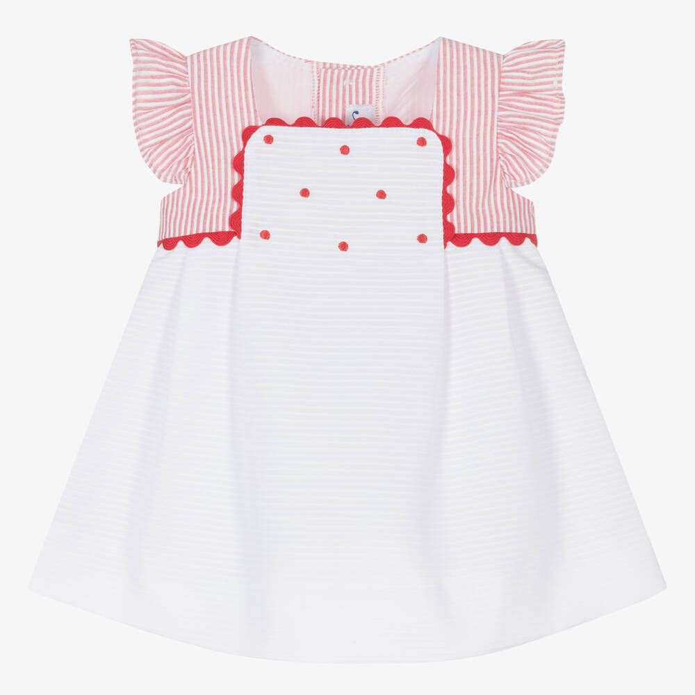 Miranda - Baby Girls White & Red Stripe Cotton Dress  | Childrensalon