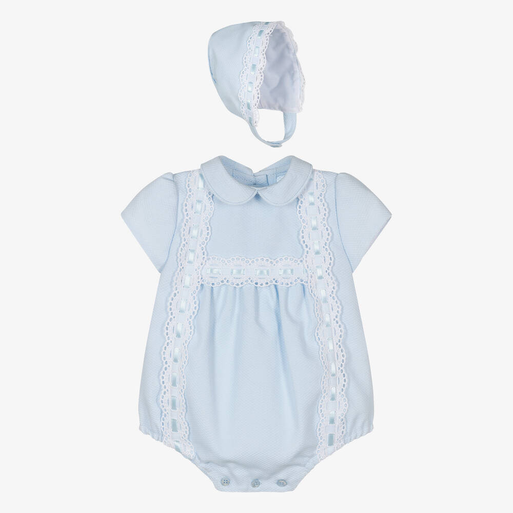 Miranda - Blue Cotton Baby Shortie & Bonnet Set | Childrensalon