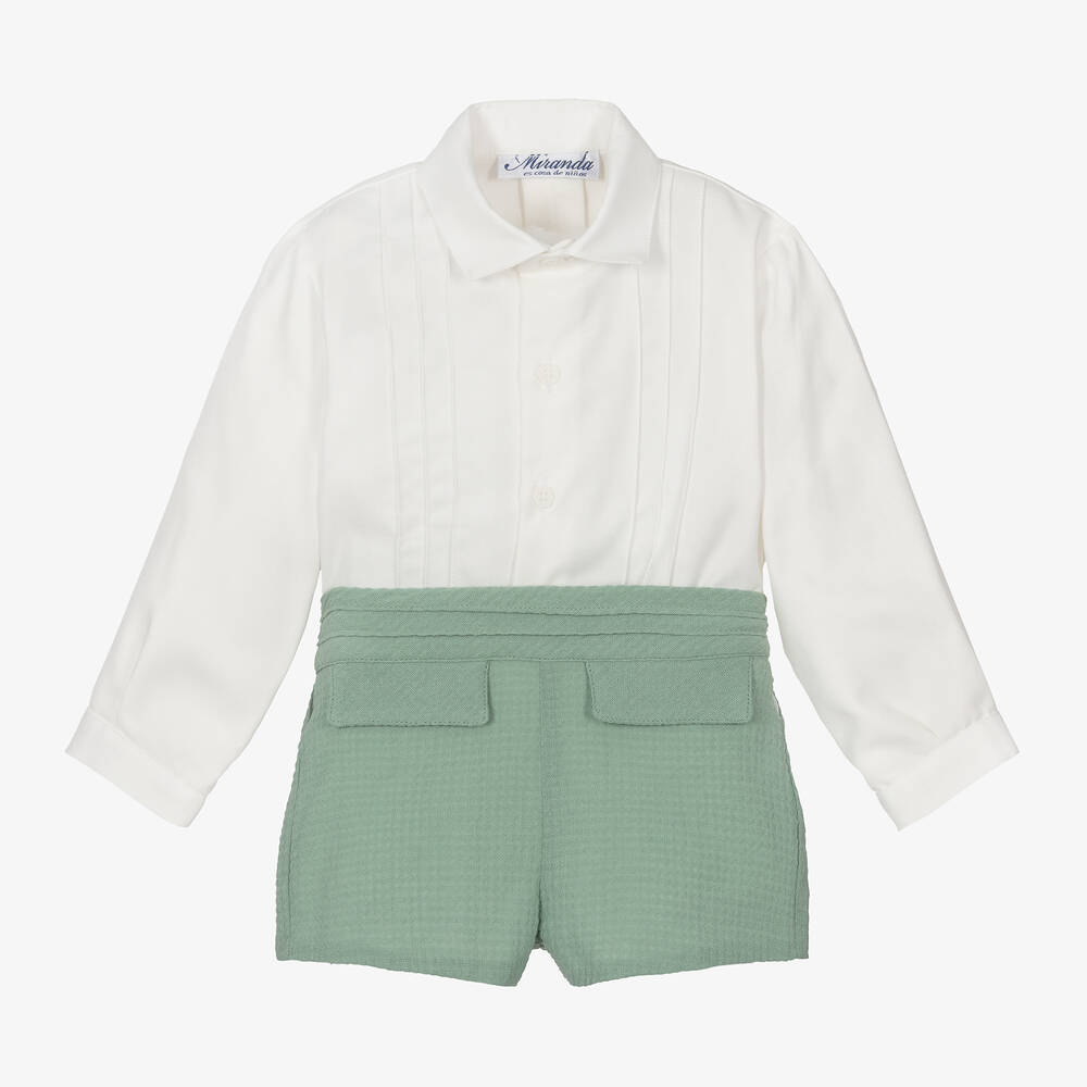 Miranda - Boys Green & Ivory Cotton Shorts Set | Childrensalon