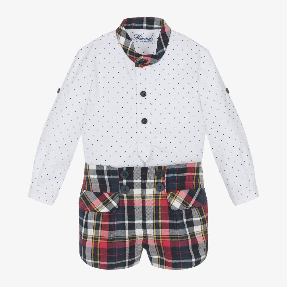 Miranda - Boys Navy Blue Tartan Cotton Shorts Set | Childrensalon