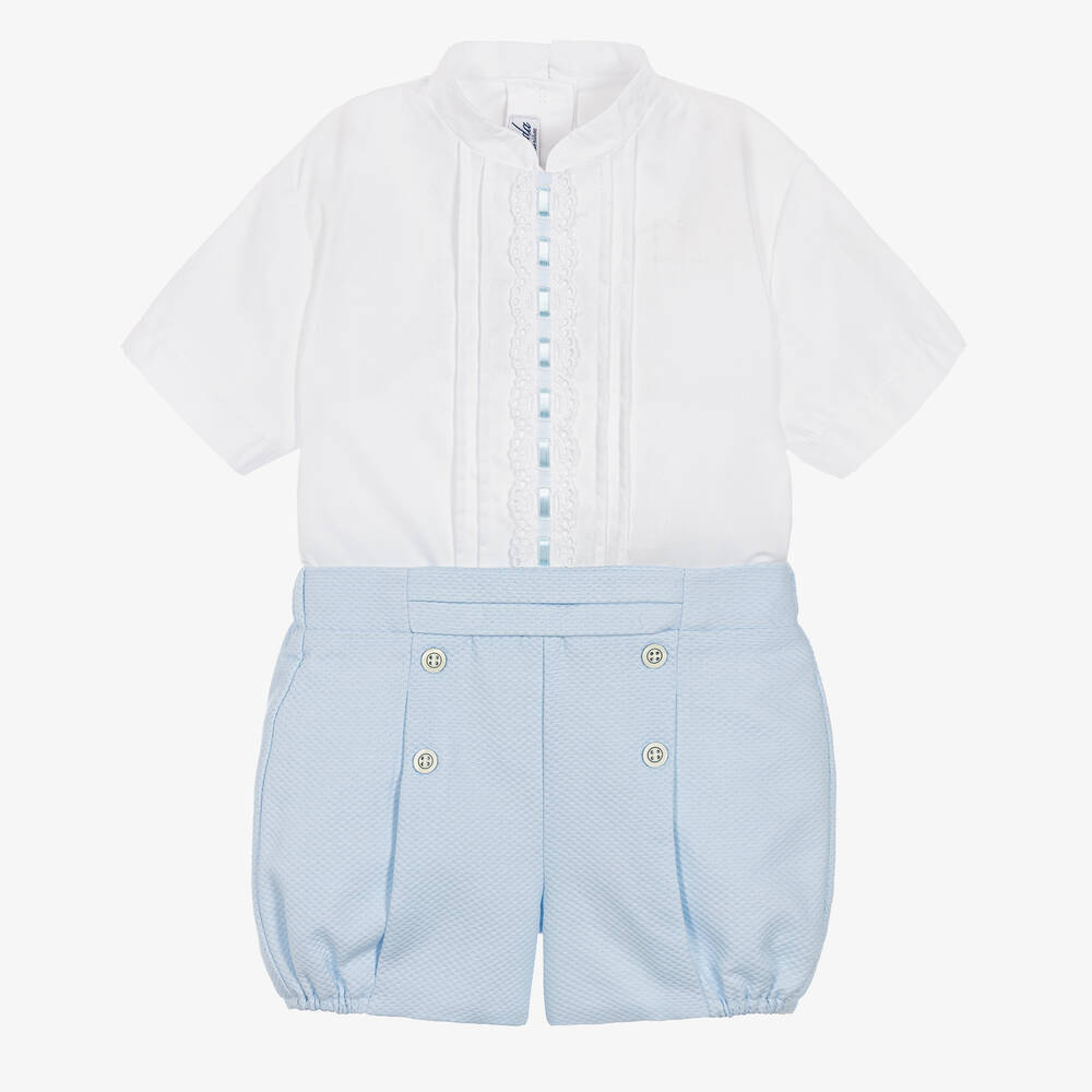 Miranda - Boys White & Blue Cotton Shorts Set | Childrensalon