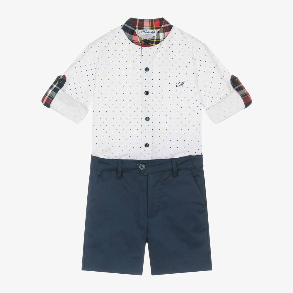 Miranda - Boys White Shirt & Navy Blue Shorts Set | Childrensalon