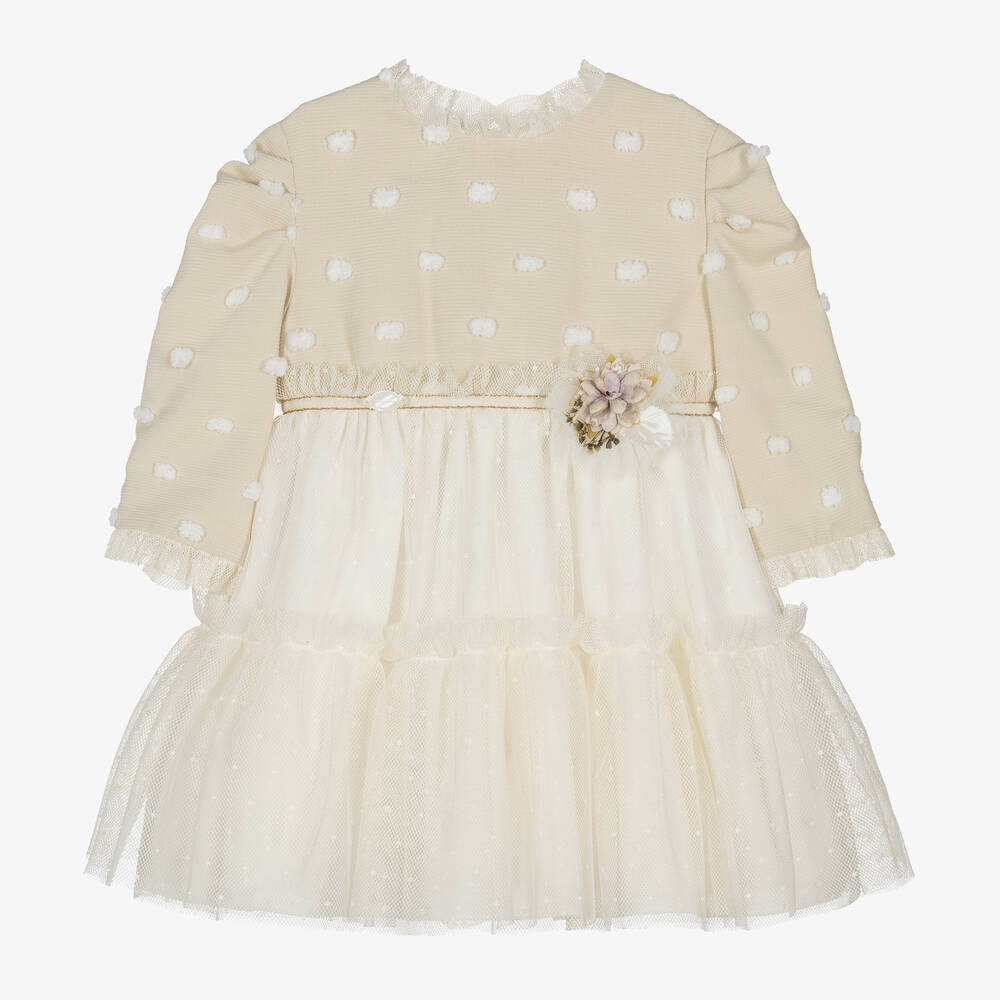 Miranda - Girls Beige Dotted Tulle Dress | Childrensalon