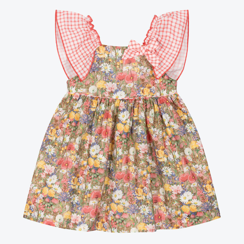 Miranda - Girls Beige & Pink Floral Cotton Dress | Childrensalon
