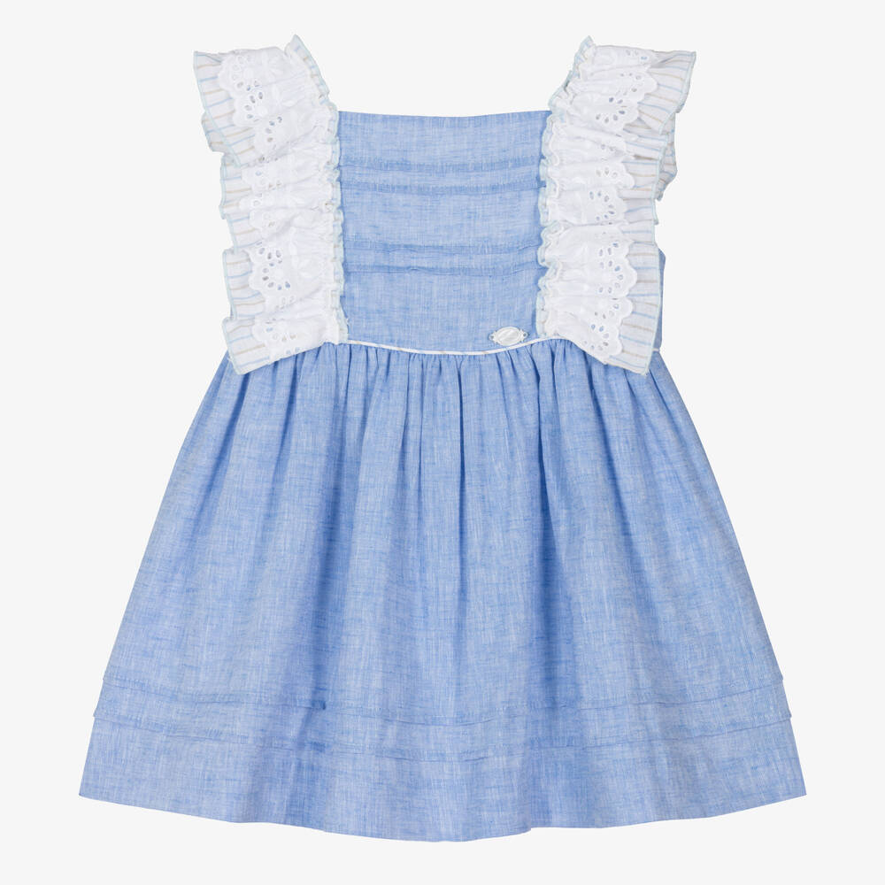 Miranda - Girls Blue Cotton & Linen Dress | Childrensalon
