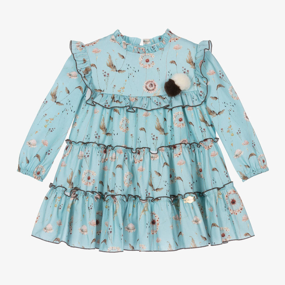 Miranda - Girls Blue Dandelion Print Cotton Dress | Childrensalon