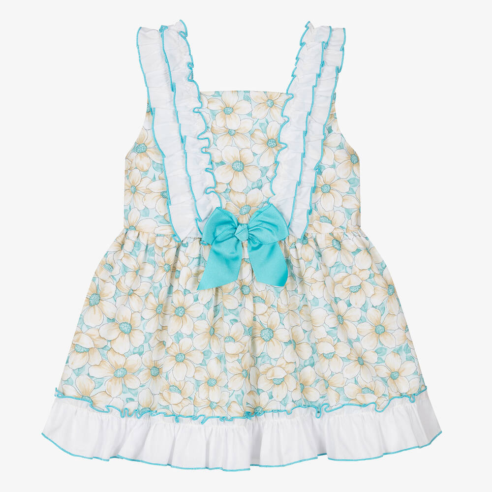 Miranda - Girls Blue Floral Cotton Dress | Childrensalon