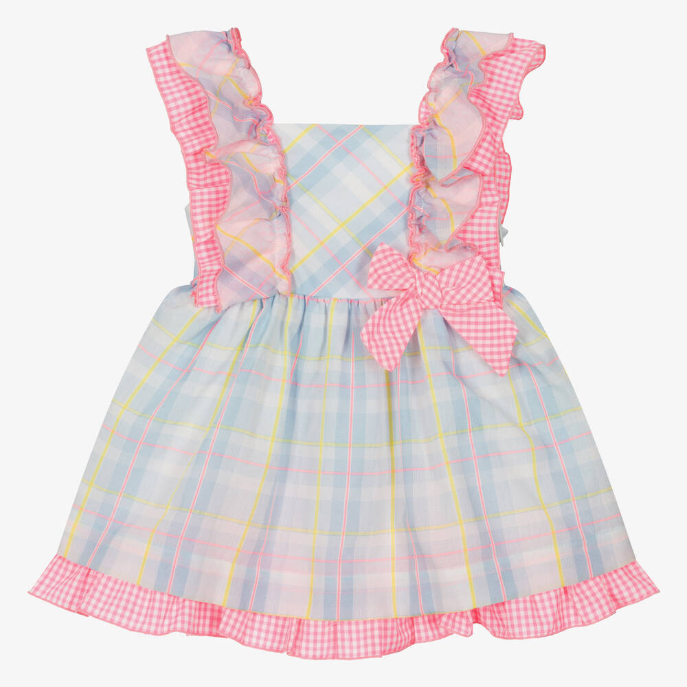 Miranda - Girls Blue & Pink Check Cotton Dress | Childrensalon