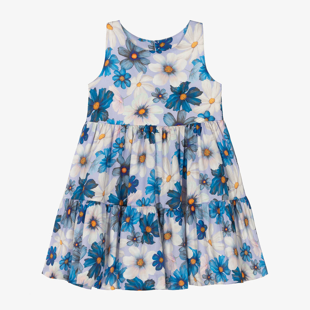 Miranda - Girls Blue & Purple Floral Cotton Dress | Childrensalon