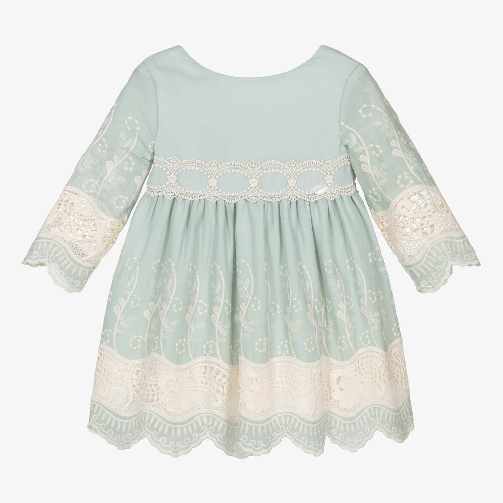 Miranda - Girls Green Cotton & Lace Dress | Childrensalon