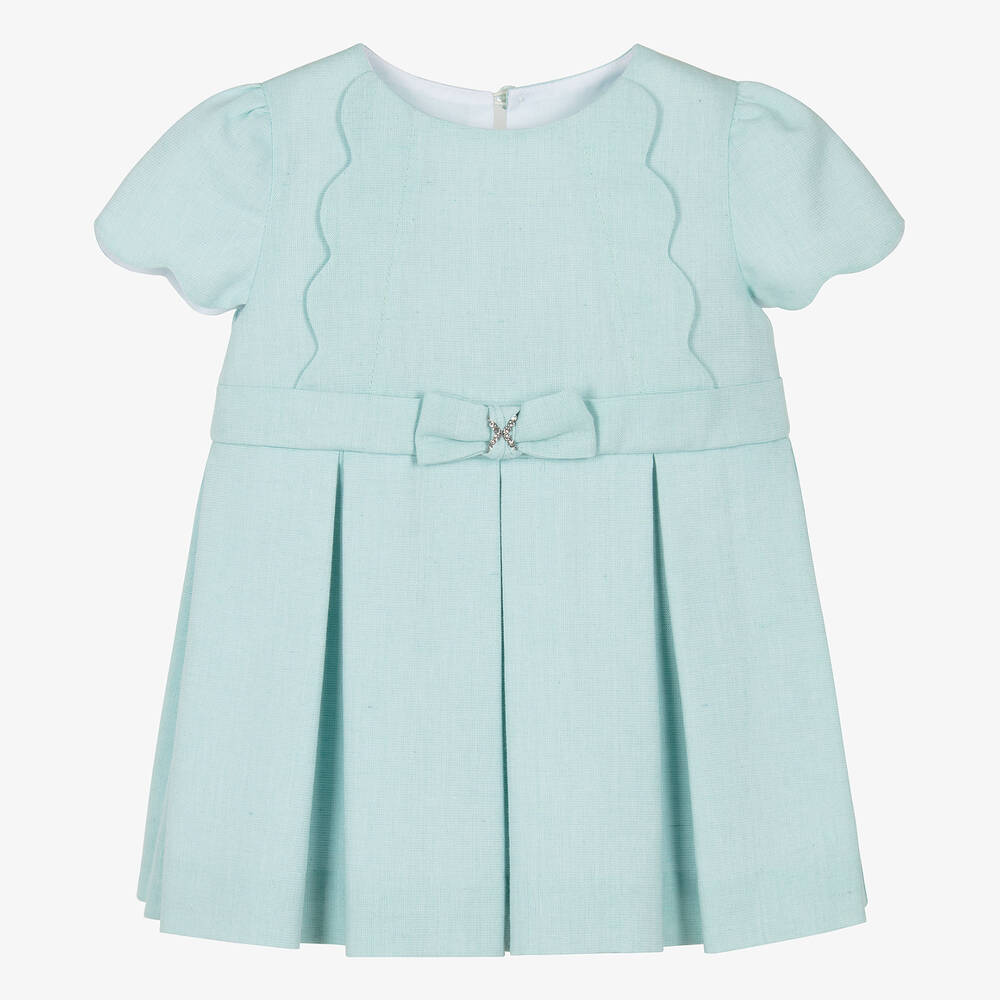 Miranda - Girls Green Cotton & Linen Bow Dress | Childrensalon