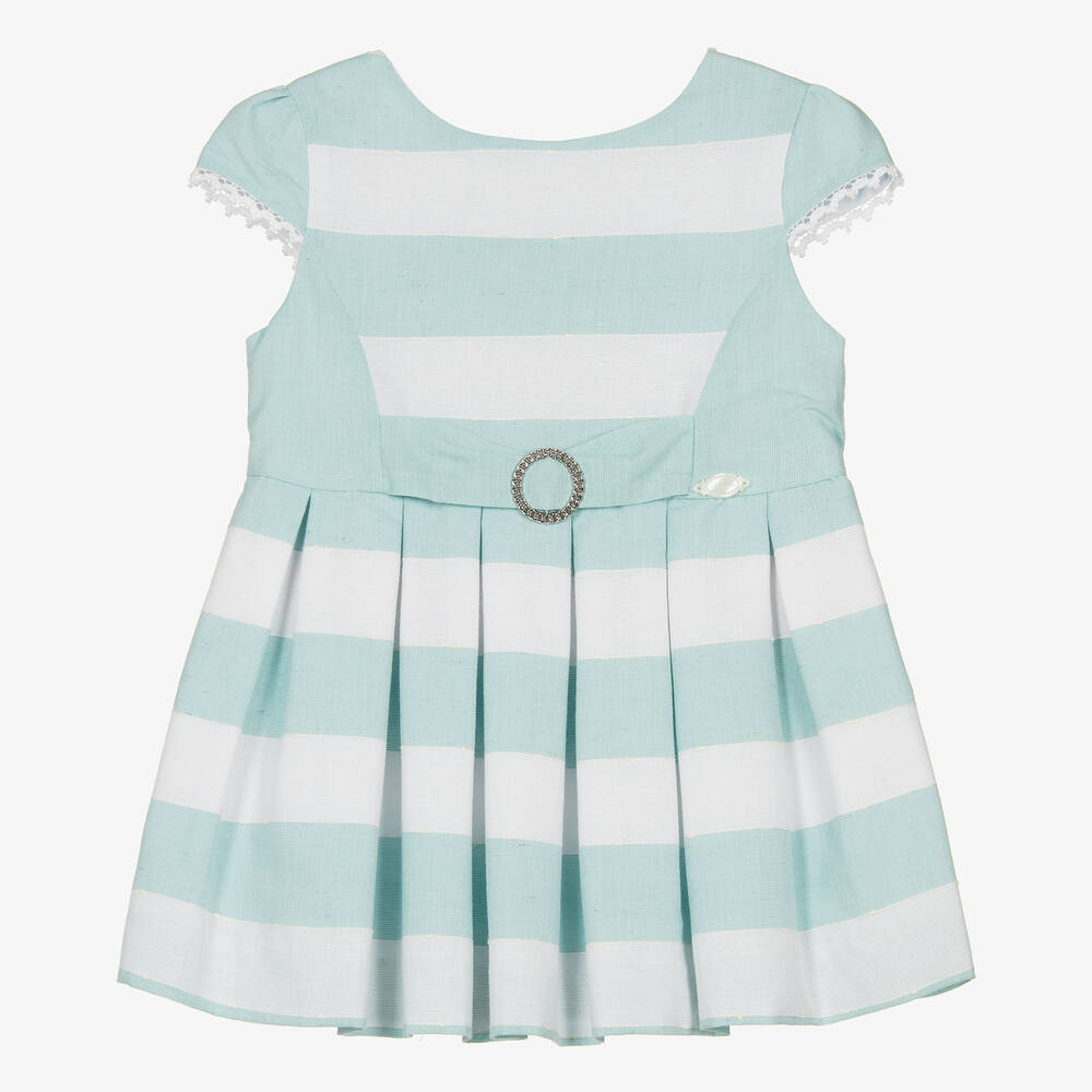 Miranda - Girls Green & White Striped Cotton Dress | Childrensalon