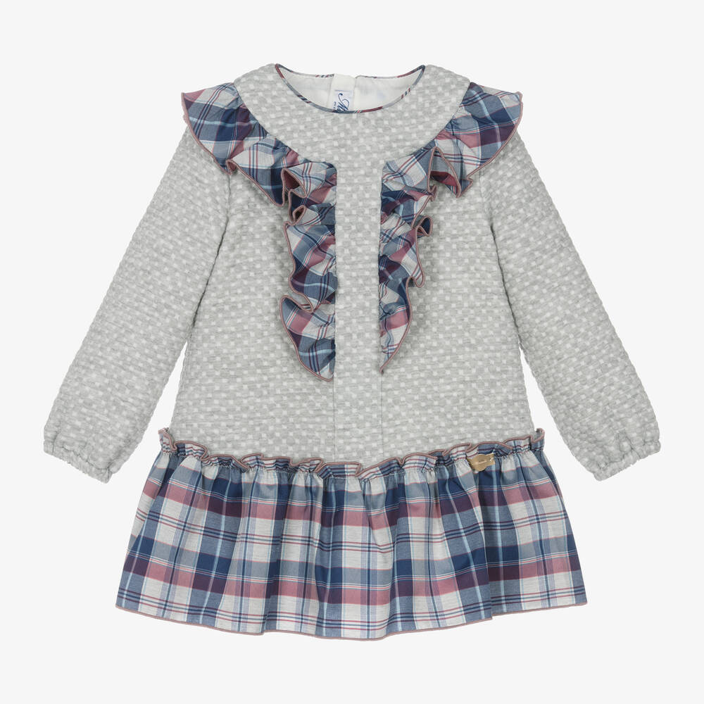 Miranda - Girls Grey Jersey Tartan Dress | Childrensalon